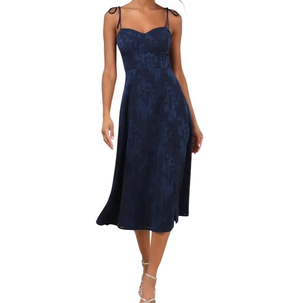 NWT Lulus Loveliest Looks Navy Blue Floral Jacquard Tie-Strap Midi Dress XS